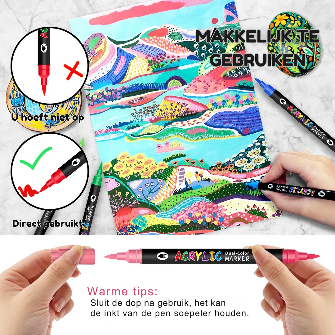 Dubbelzijdige acrylstiften – 36 stiften, 72 heldere kleuren zonder vlekken