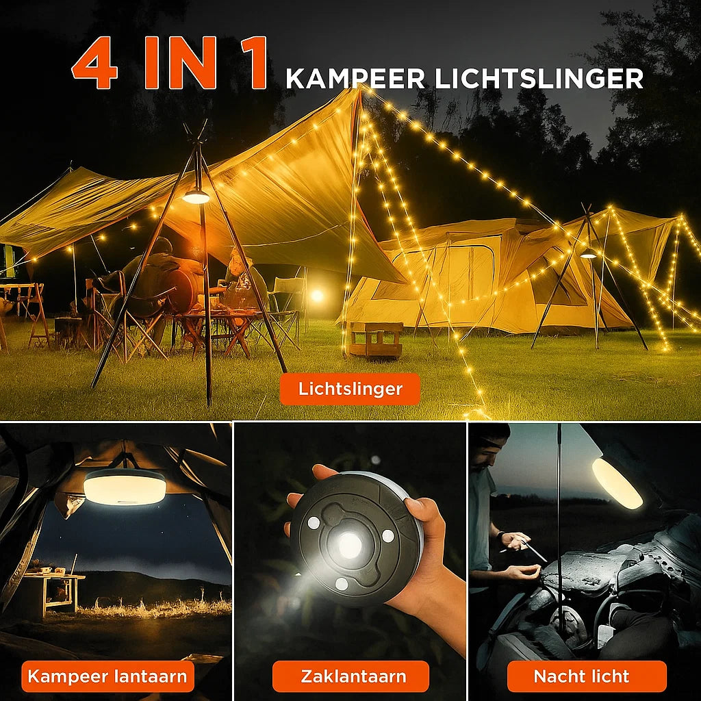 4-in-1 Campinglamp – Licht, Power & Comfort in één