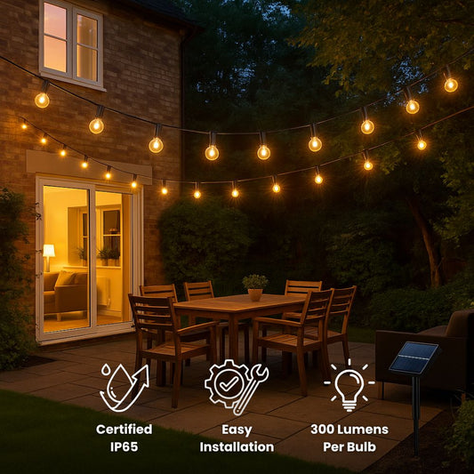 Zonne-energie Buiten Lichtsnoer — 15 Meter Warm Wit LED Waterdicht