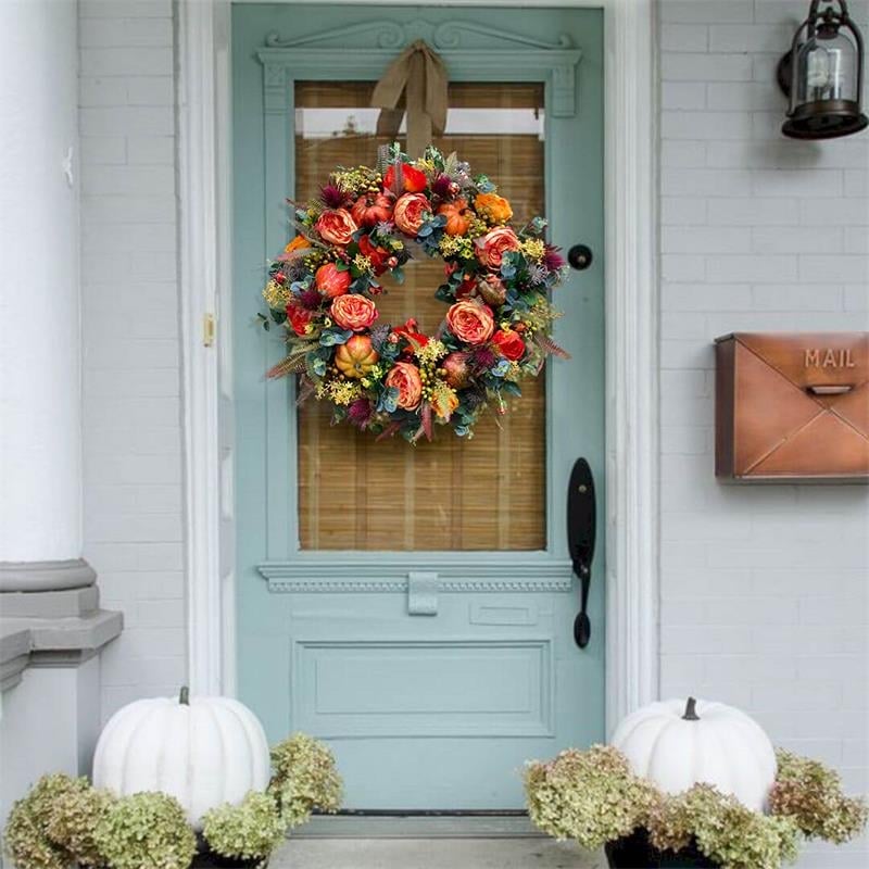 Herfstkrans met bloemen en pompoen — verwarmt het hart en verwelkomt gasten