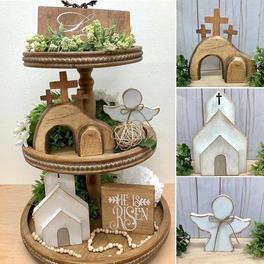 Paasdecoratieset van hout — symbool van vrede, hoop en nieuwe beginnen 4-delige set