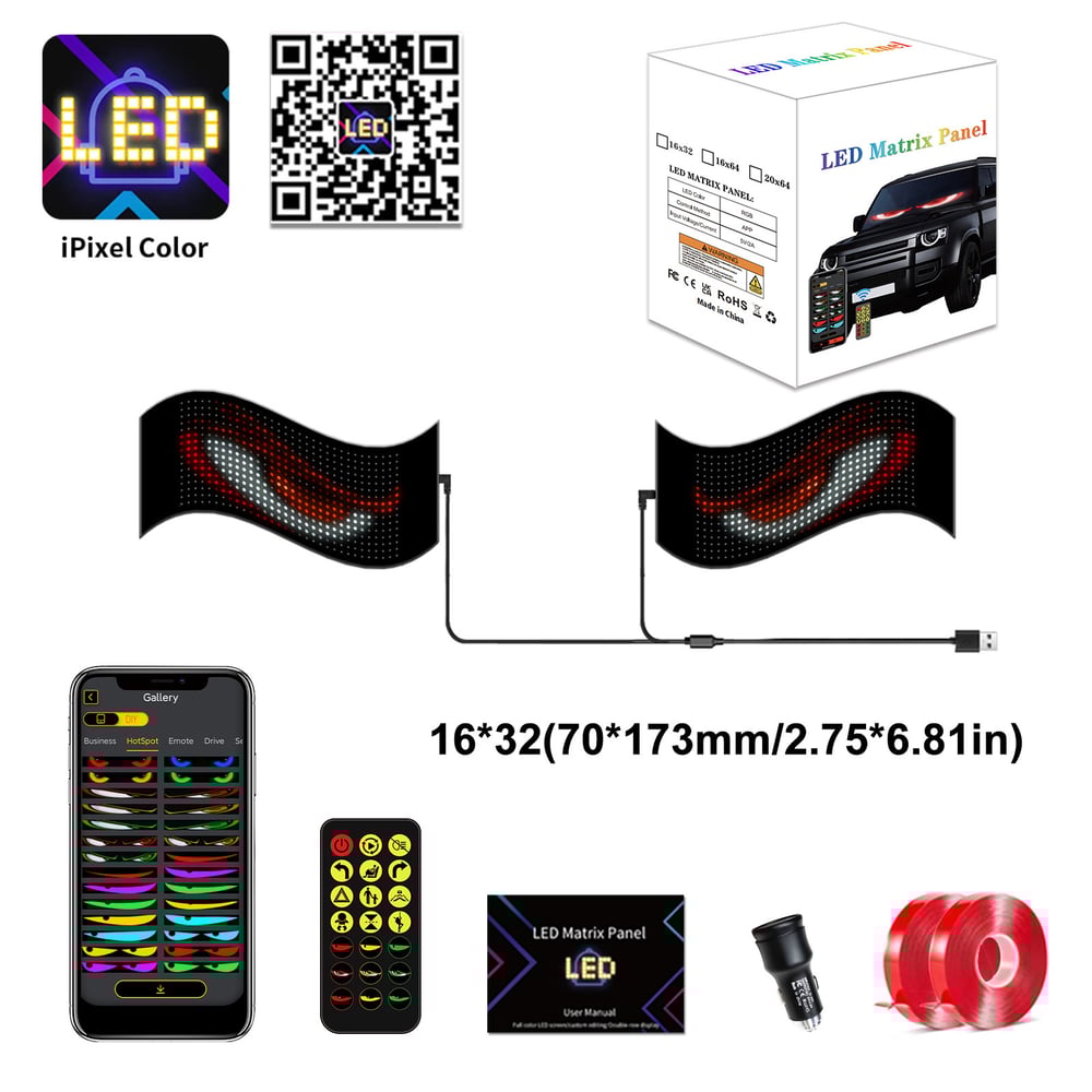 Geanimeerd LED-displaypaneel — App-gestuurd voertuig voorruitbord (2 stuks)