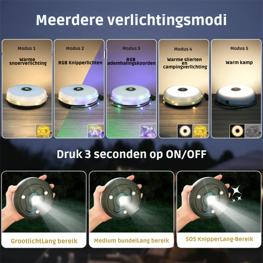 Campinglamp 4-in-1: lamp, powerbank en 10 m lichtsnoer