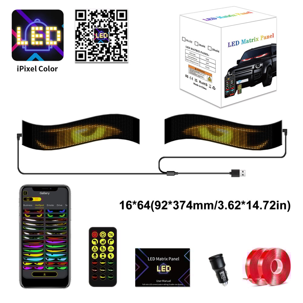 Geanimeerd LED-displaypaneel — App-gestuurd voertuig voorruitbord (2 stuks)