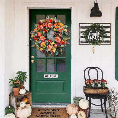 Herfstkrans met bloemen en pompoen — verwarmt het hart en verwelkomt gasten