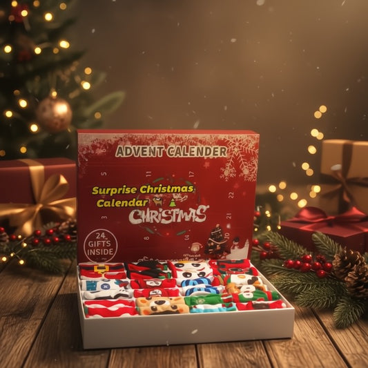 Afbeelding van een luxe kerstsokken adventskalender. 24 paar zachte, warme sokken voor dagelijks comfort en winterse gezelligheid.