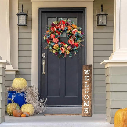 Herfstkrans met bloemen en pompoen — verwarmt het hart en verwelkomt gasten