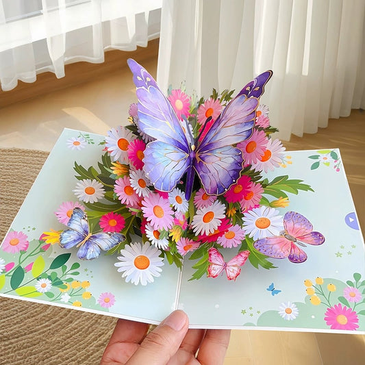 3D Pop-Up Kaart – Kleurrijke Vlinders & Madeliefjes met Envelop