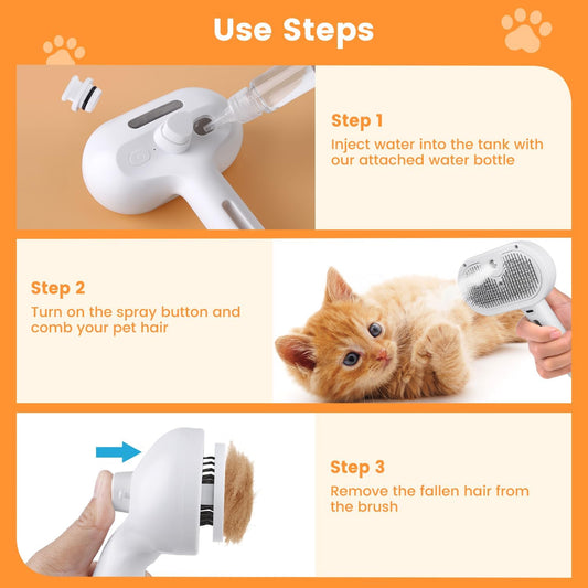 Elektrisch vachtverzorgingsapparaat met stoomverneveling – antistatische borstel voor honden & katten | draadloos, USB-batterij, 80 min batterijduur