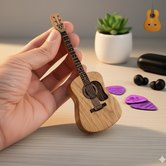 Handgemaakte houten plectrumdoos in gitaarvorm, dient als elegante opberger en decoratie voor het interieur.